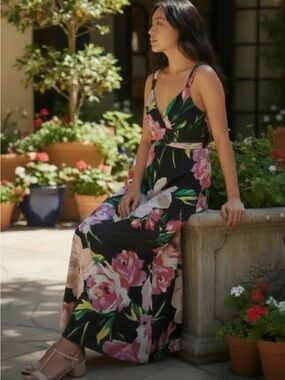 Ann Taylor Black Maxi Dress with Pink Floral Print